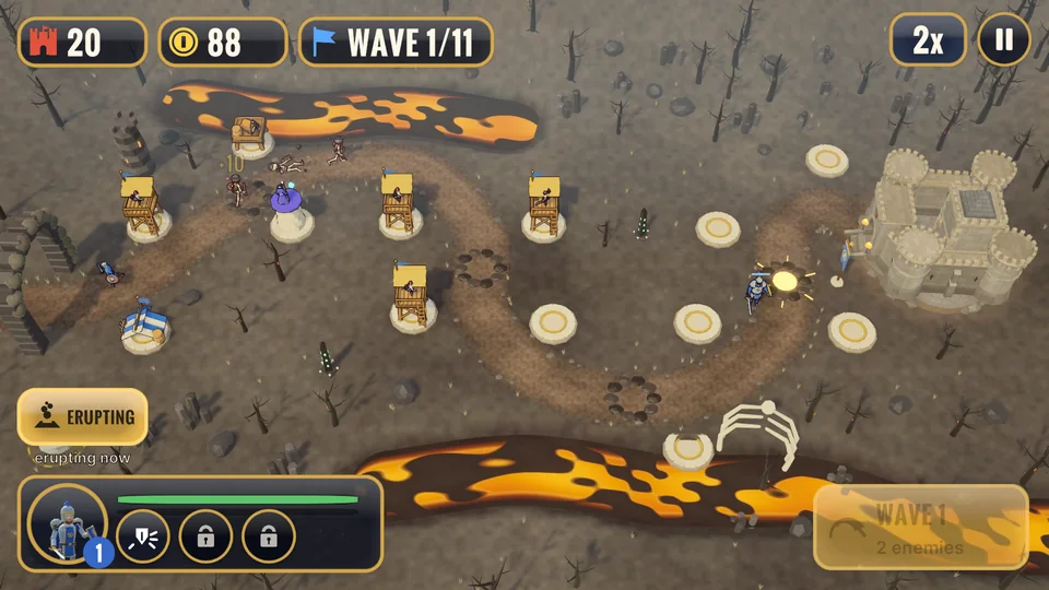 A volcanic map with lava flows beside the enemy road as an eruption begins.