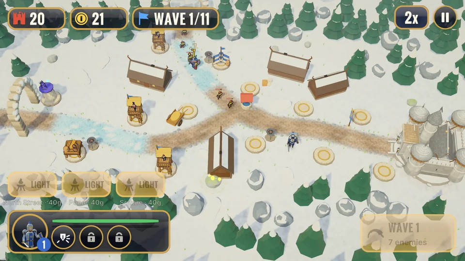 A snowy village map with towers beside a frozen path.