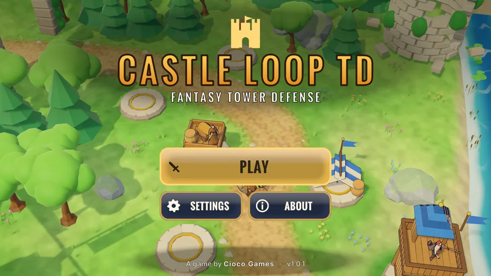 Castle Loop TD title screen over a grassy valley with towers and a river, with Play, Settings and About buttons.