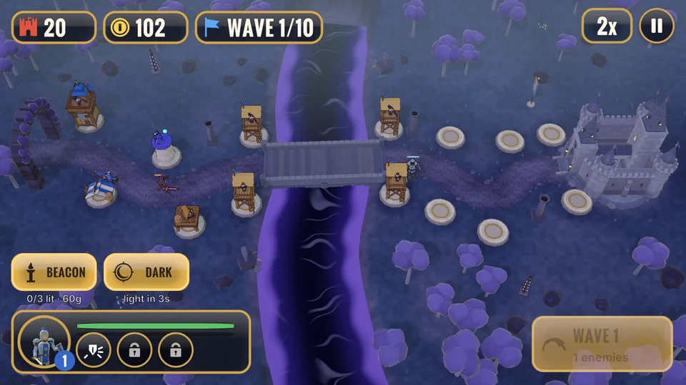 A dark purple night map with a bridge over a chasm and the Beacon and Dark controls.