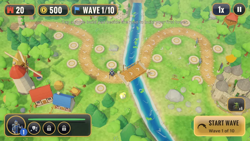 A green valley map with a windmill, a river crossing and a Start Wave button.