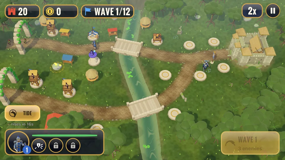 A river map with bridges, towers, a tide indicator and a castle on the right.