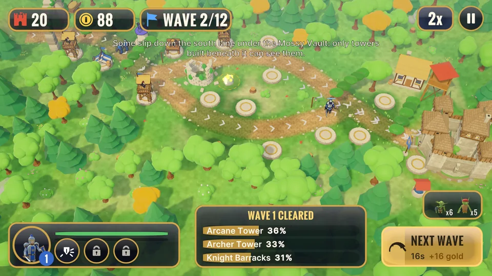 A forest map with towers along a winding road; a wave-cleared summary panel lists tower damage shares.