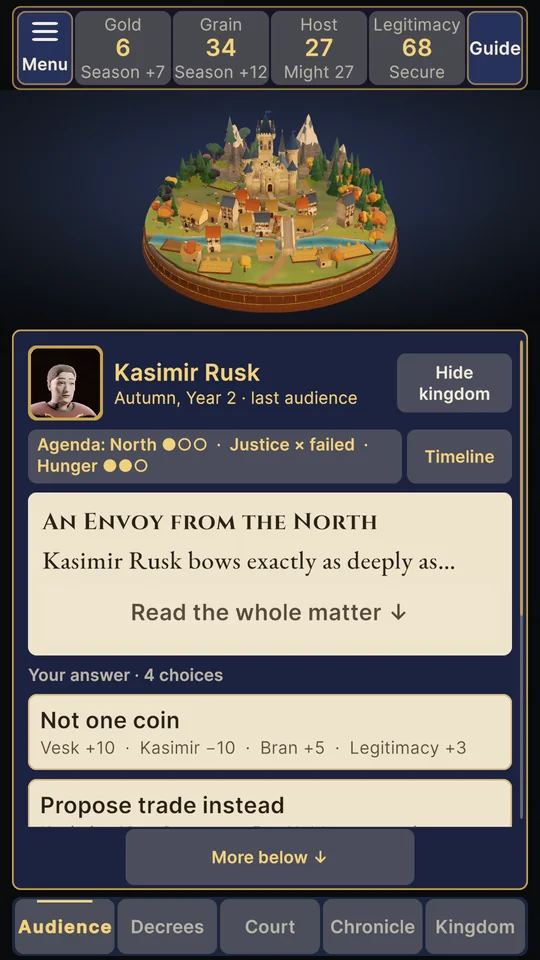 An audience with Kasimir Rusk in autumn of year 2: the story card An Envoy from the North, with answers such as Not one coin and Propose trade instead.
