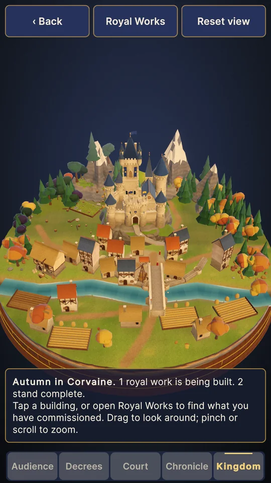 The Kingdom view in autumn: a floating island with a castle, orange trees, fields and a river, with one royal work under construction.