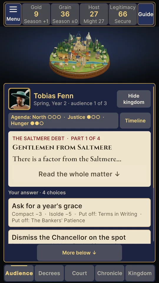 An audience with Tobias Fenn in spring of year 2: the Saltmere Debt story card with answers such as asking for a year's grace.