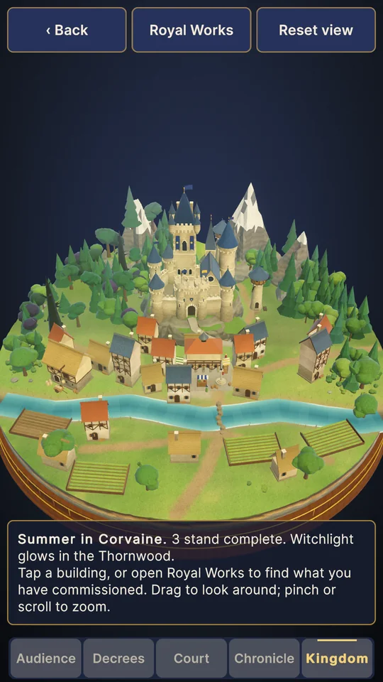 The Kingdom view: a 3D floating island with a castle, river and village in summer.
