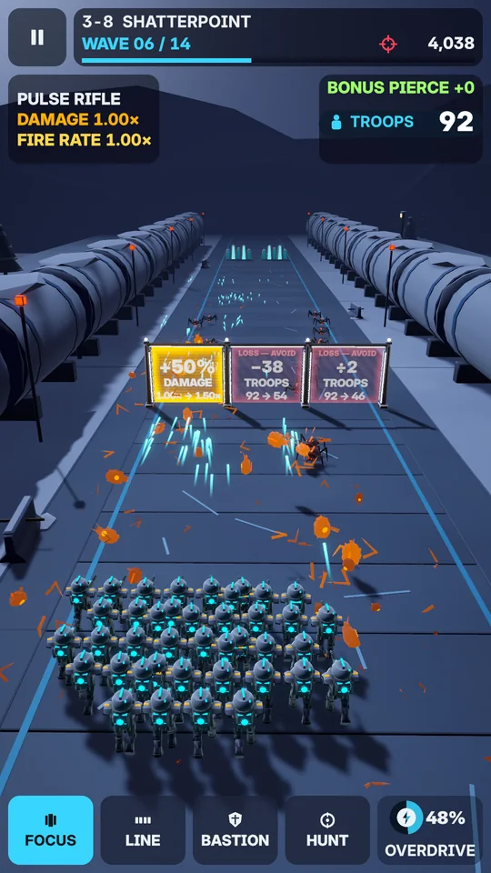 Three gates offering +50% damage, -38 troops and +2 troops in front of a squad on a blue night road.