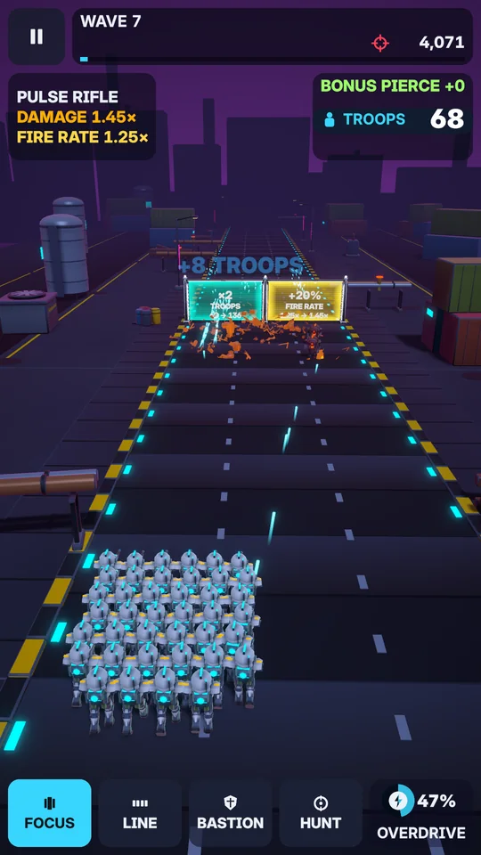 Endless mode wave 7: a squad approaches two bonus gates on a purple night road.