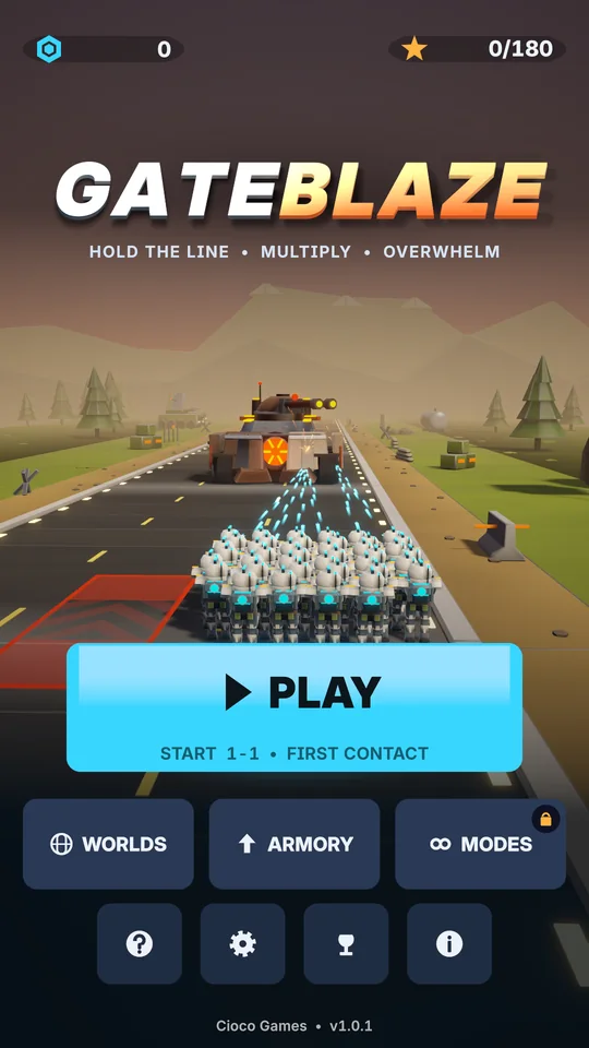 GateBlaze main menu: a squad of soldiers on a highway beneath the GateBlaze title, with Play, Worlds, Armory and Modes buttons.
