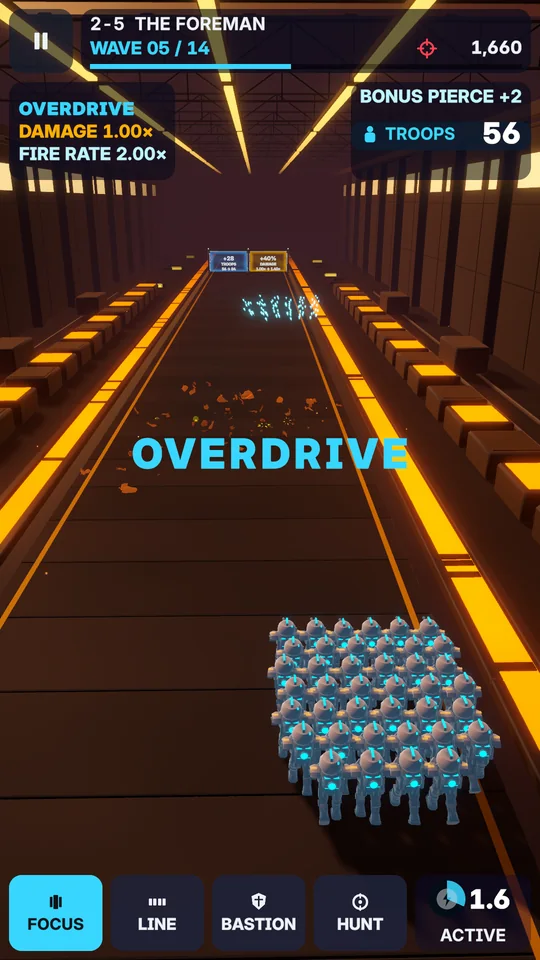 A large squad fires forward on an orange-lit foundry road while Overdrive is active.