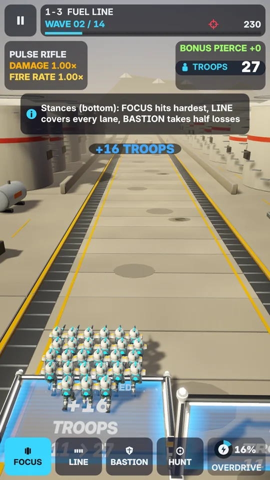 A squad runs down a desert highway toward a +16 troops gate, with a tip about the Focus, Line and Bastion stances.