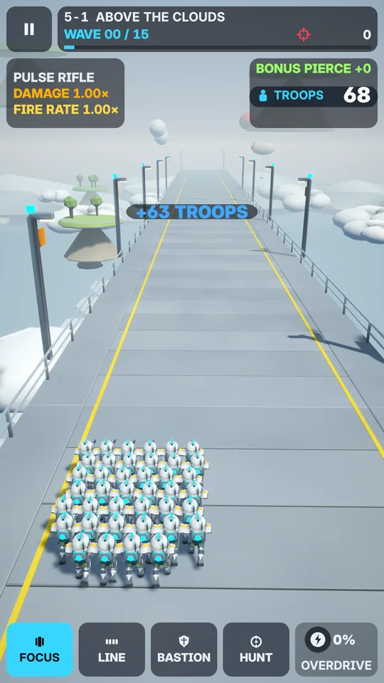 Mission 5-1 Above the Clouds: a squad of 68 soldiers runs along a pale sky road toward a +63 troops gate, with floating islands in the distance.