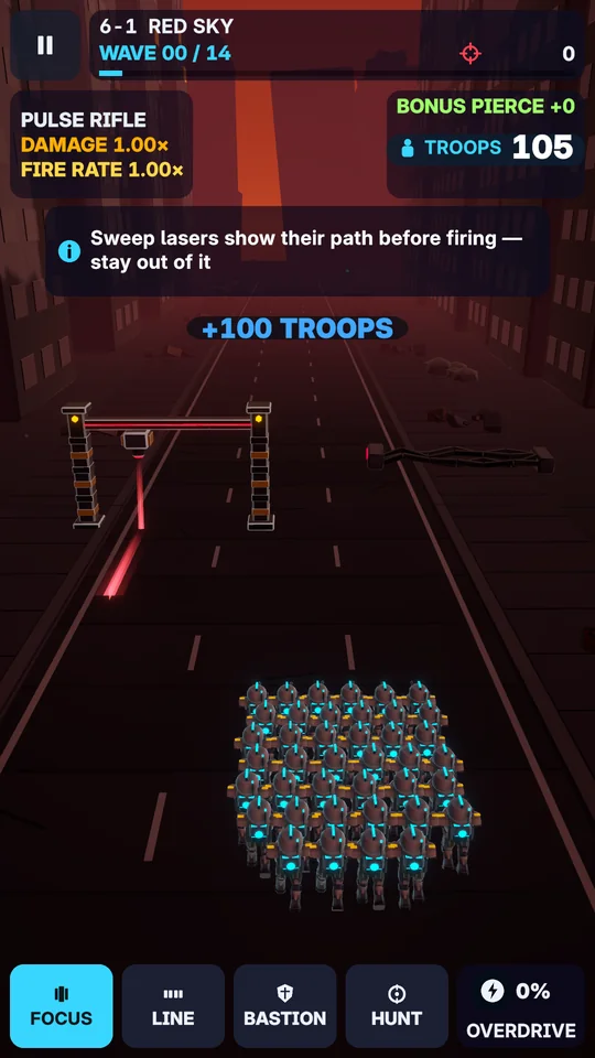 Mission 6-1 Red Sky: a squad of 105 soldiers on a red-lit city road heads for a +100 troops gate past a laser gate, with a tip that sweep lasers show their path before firing.
