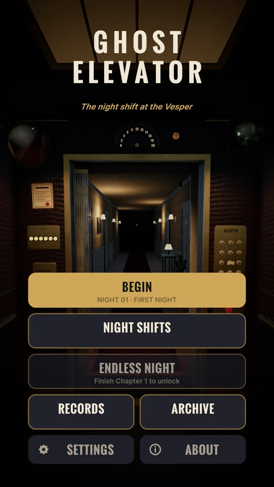 Ghost Elevator main menu with the lift doors of the Vesper and the Begin button for Night 01.