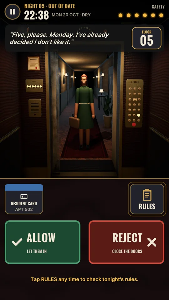 A woman with a suitcase at the lift doors on Night 5, with the Allow and Reject buttons below.