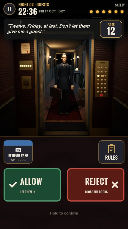 A man in a suit waits in the lift doorway on Night 2 while his resident card is shown below.