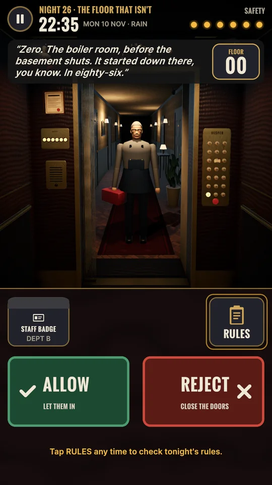 A staff member with a red case asks for floor 00 on a rainy Night 26 and shows a staff badge.