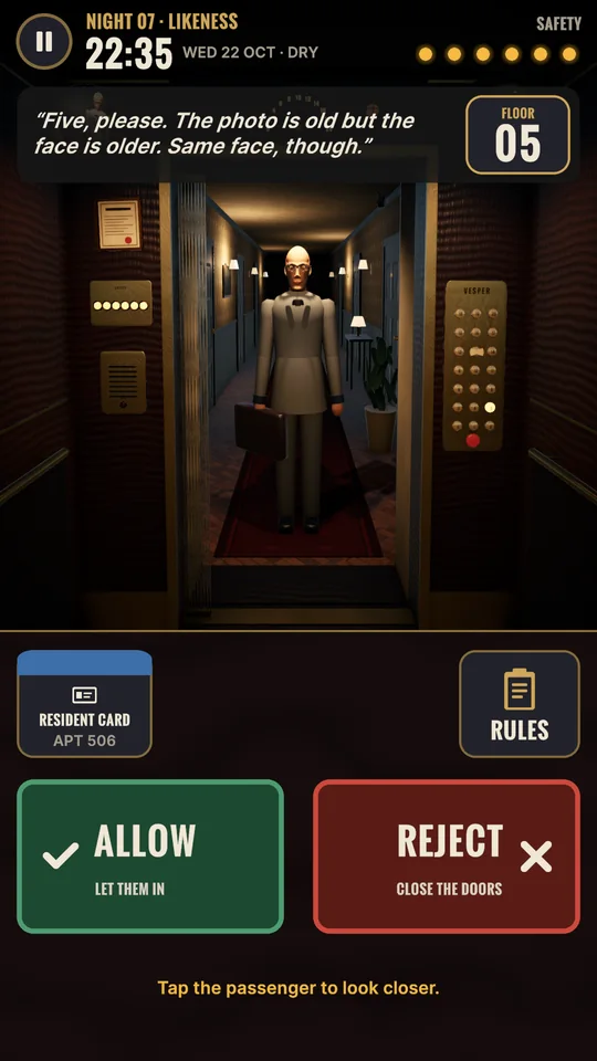 Night 7: an elderly man in a grey suit with a briefcase stands in the lift doorway asking for floor 5, with his resident card for apartment 506 and the Allow and Reject buttons below.