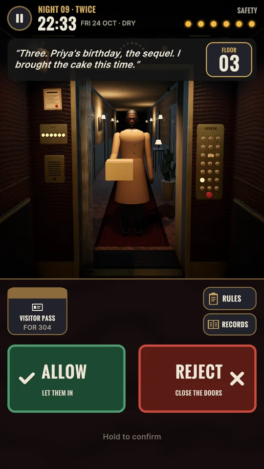 A passenger carrying a cake box arrives on Night 9 with a visitor pass.