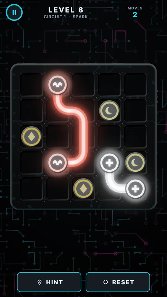Level 8 with glowing orange and white wires connecting matching symbols on a grid.
