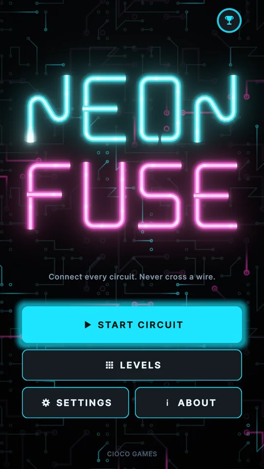Neon Fuse main menu with the glowing neon logo over a circuit board and the Start Circuit button.