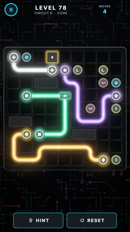 Level 78 with many coloured wires passing through gate cells.
