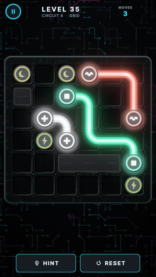 Level 35 with red, teal and white wires bending around blocked cells.