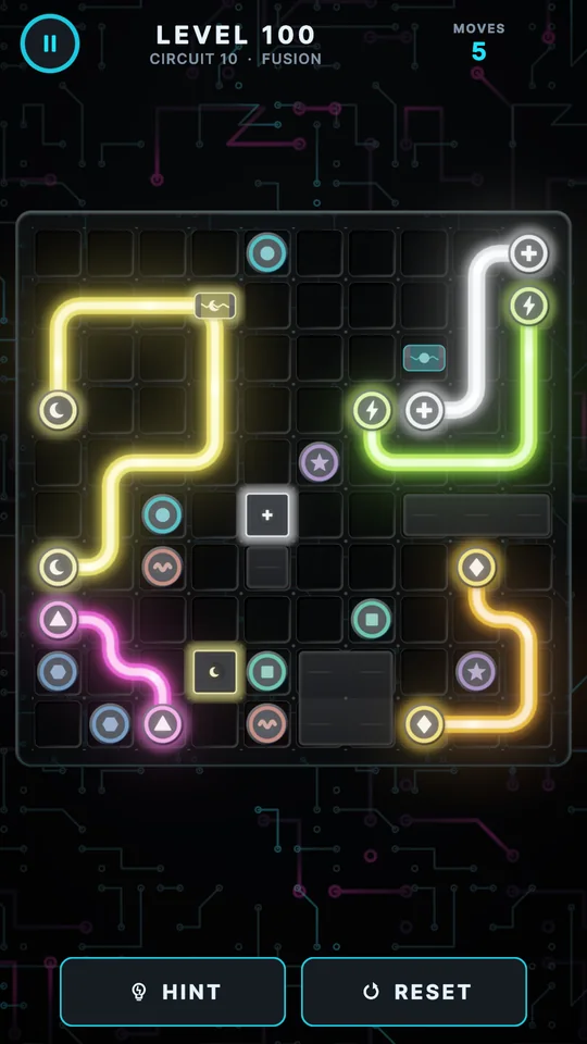 Level 100 partly solved, with yellow, pink and green wires on a large grid.