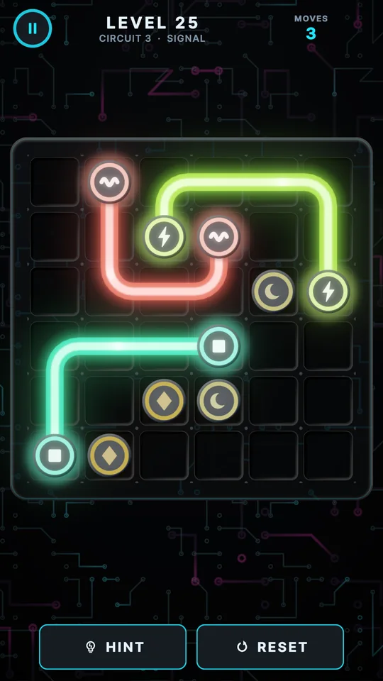 Level 25 in Circuit 3 (Signal): red, green and teal wires connect matching symbols without crossing.