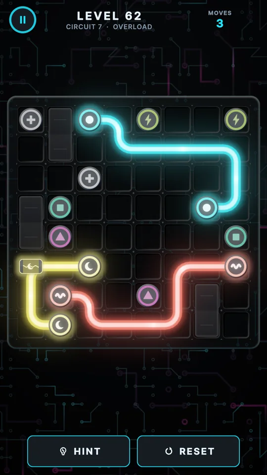 Level 62 in Circuit 7 (Overload): cyan, yellow and red wires routed around grey blocked cells.