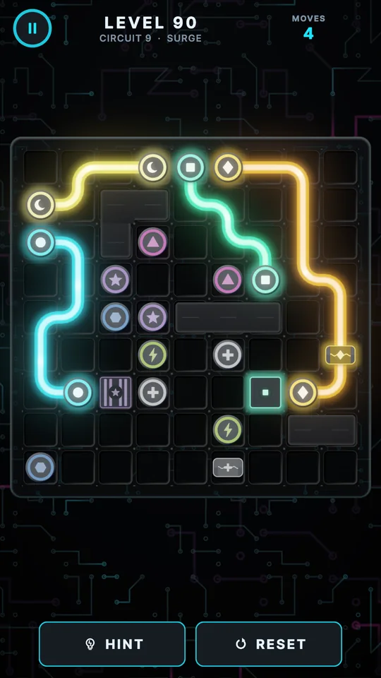 Level 90 in Circuit 9 (Surge): yellow, cyan and green wires snake around blocked cells on a large grid.