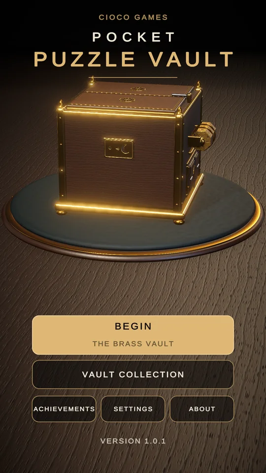 Pocket Puzzle Vault main menu with a brass and leather puzzle box on a turntable and the Begin button for The Brass Vault.