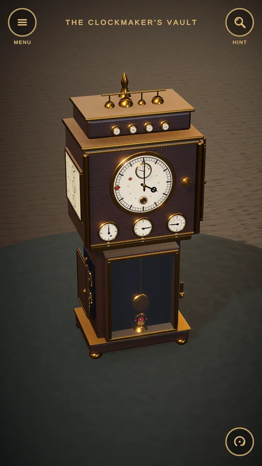 A tall clock-tower puzzle box with a large clock face and small dials.