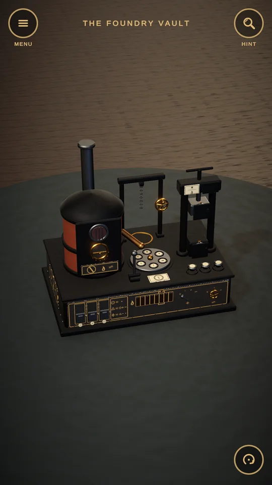An industrial puzzle box with a furnace, chimney and a press.