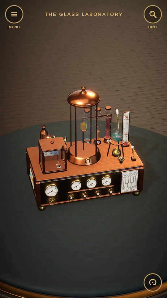 A copper laboratory puzzle box with glass tubes and pressure gauges.