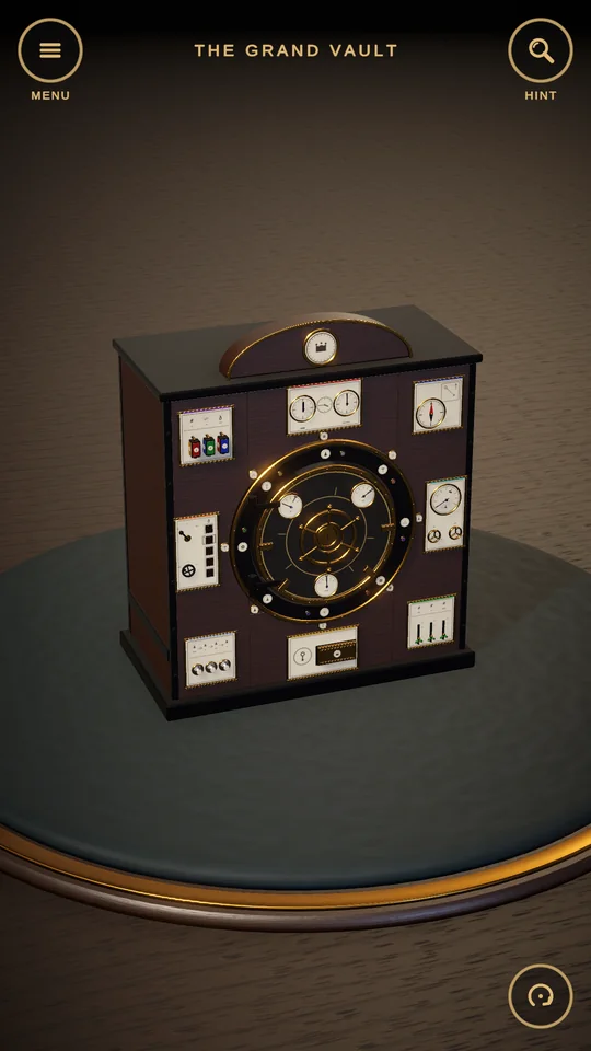 A large dark cabinet covered in dials around a central combination wheel.