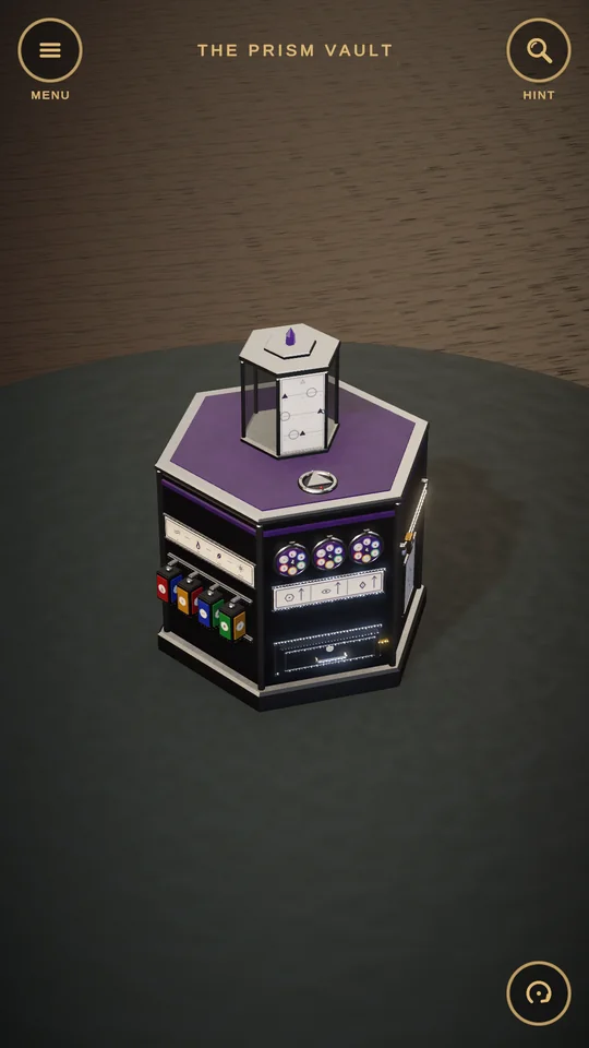 A hexagonal purple puzzle box with coloured gem slots and a glass prism.