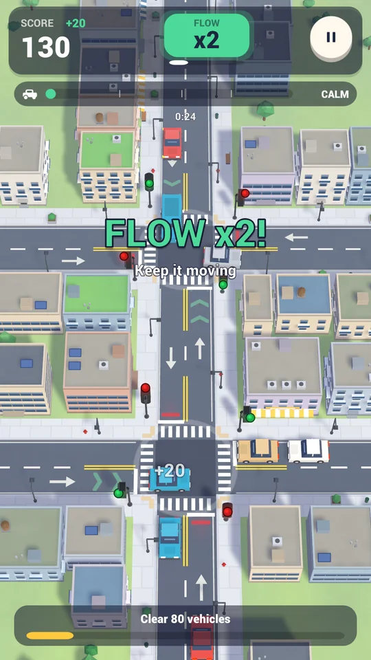 A challenge round with a progress bar to clear 80 vehicles and a Flow x2 bonus.