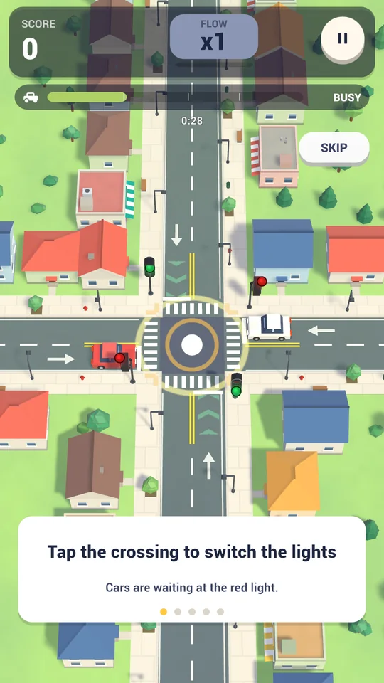 Pocket Traffic tutorial: a suburban crossroads with the hint "Tap the crossing to switch the lights".