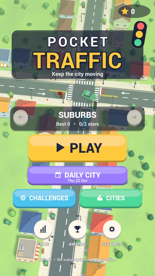 Pocket Traffic main menu with the Suburbs city card and Play, Daily City, Challenges and Cities buttons.