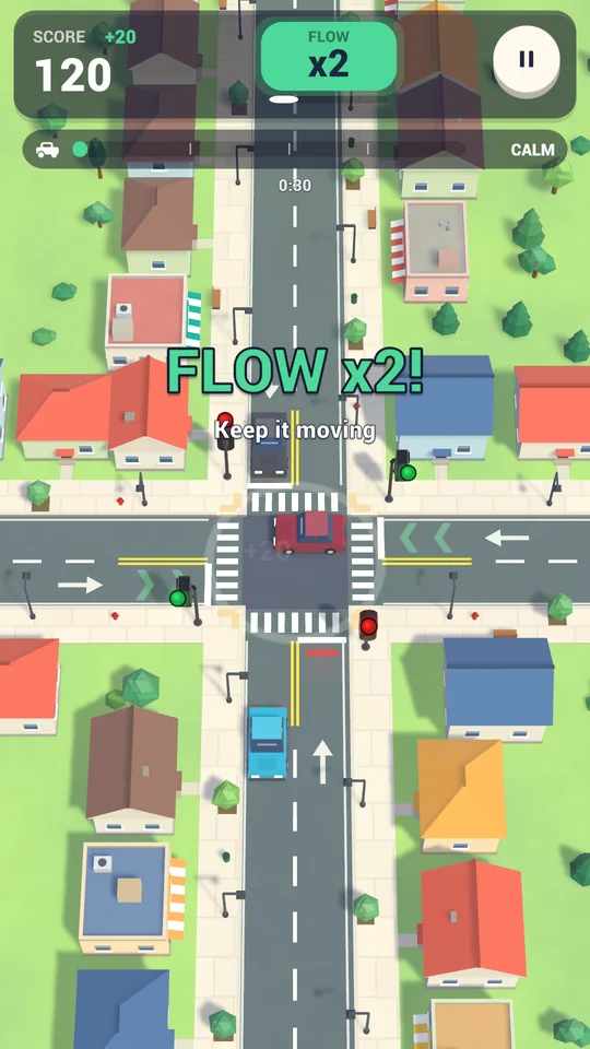 A top-down suburban crossroads with traffic lights, cars and a Flow x2 bonus.
