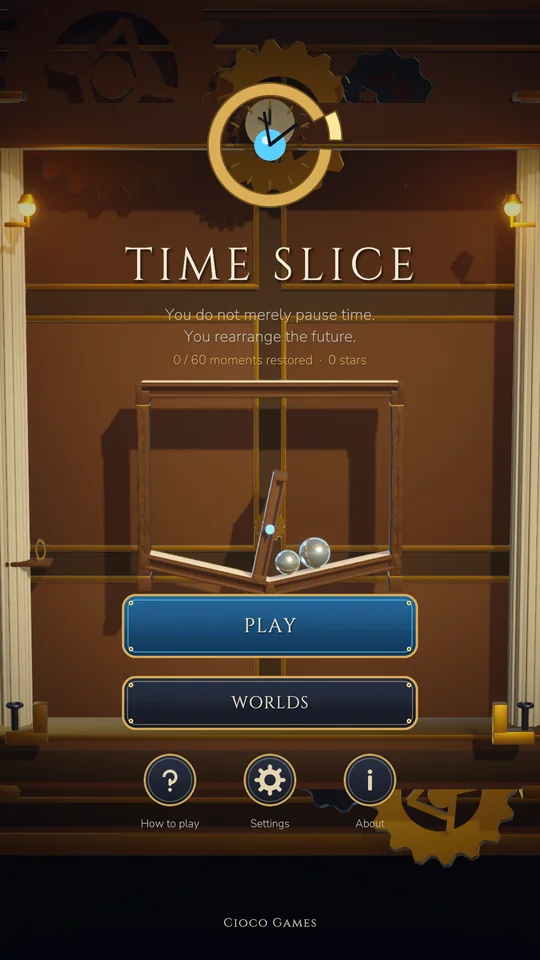 Time Slice main menu inside a brass clockwork cabinet, with Play and Worlds buttons.