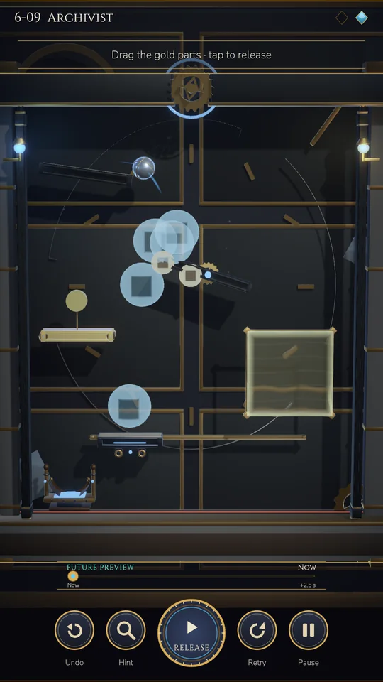 Level 6-09 Archivist frozen, with several ghosted marbles and a glowing goal frame.