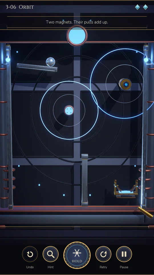 Level 3-06 Orbit with two glowing magnet fields in a dark blue cabinet.