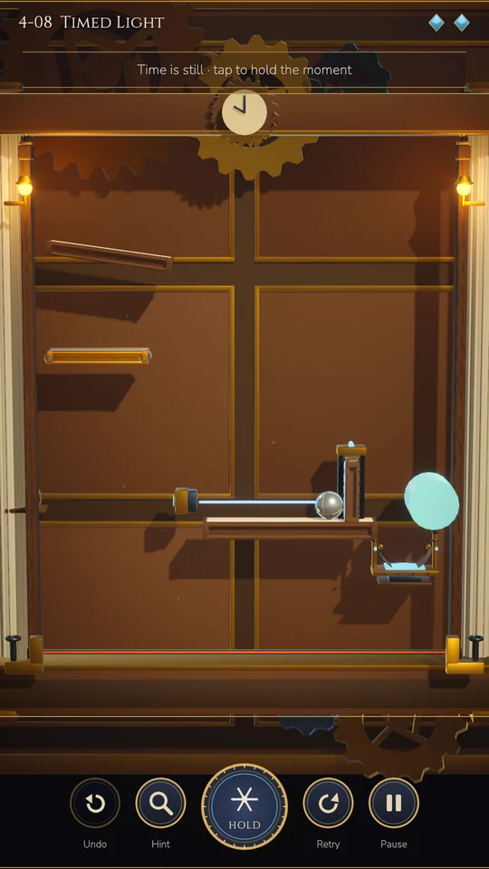 Level 4-08 Timed Light with time frozen and the Hold control active; the marble waits on a ledge beside a glowing goal.
