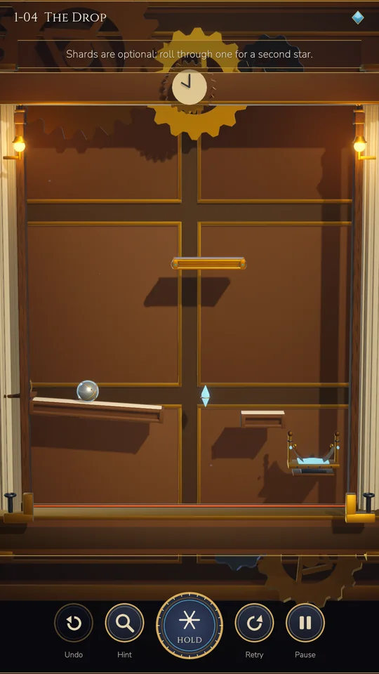 Level 1-04 The Drop inside the clockwork cabinet, with a marble rolling across a ledge.