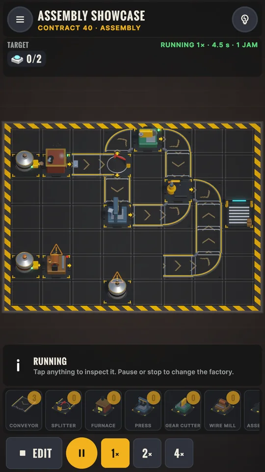 Contract 40 Assembly Showcase running, with several machines and one jam warning.