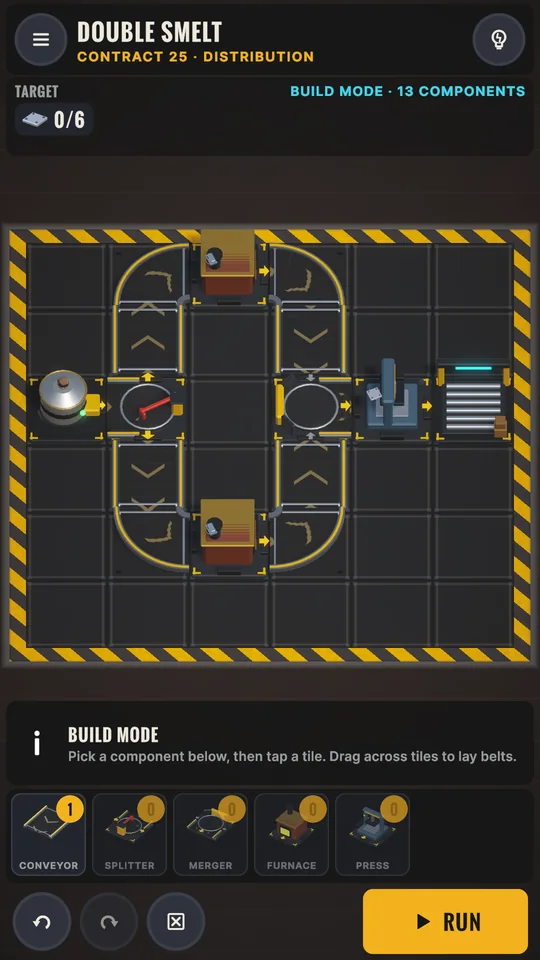 Contract 25 Double Smelt in build mode with two smelters and looping belts.