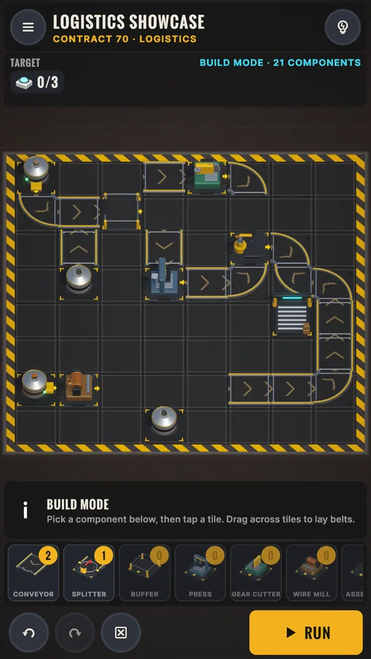 Contract 70 Logistics Showcase in build mode with a large belt network.